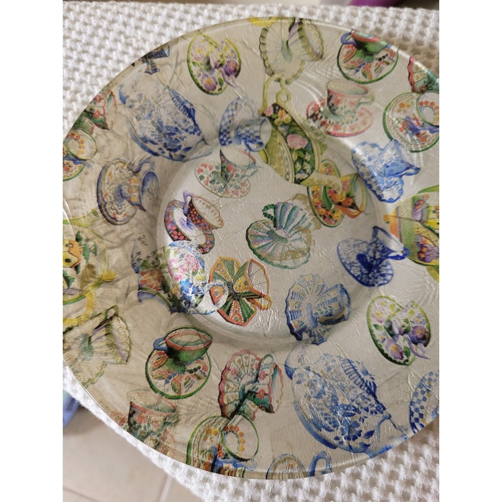 Cellini Glass Plates Set/4 Teacup/Teapot Collage Silver Cottagecore 8 inch - Picture 3 of 6